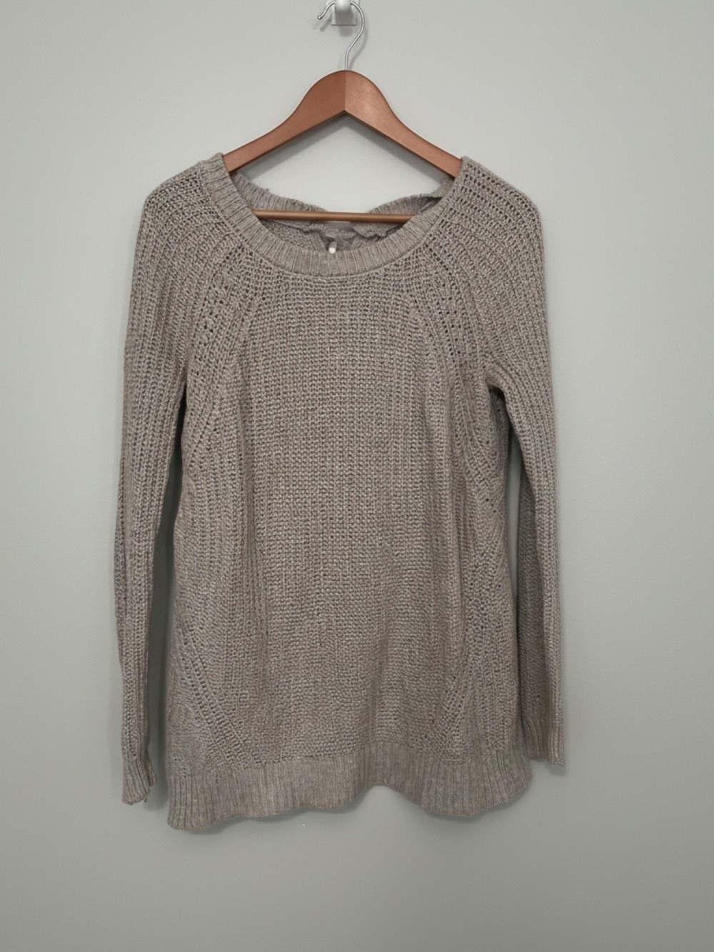 AERIE Braid Back Oversized Cotton Blend Ribbed Taupe Knit Sweater Size S
